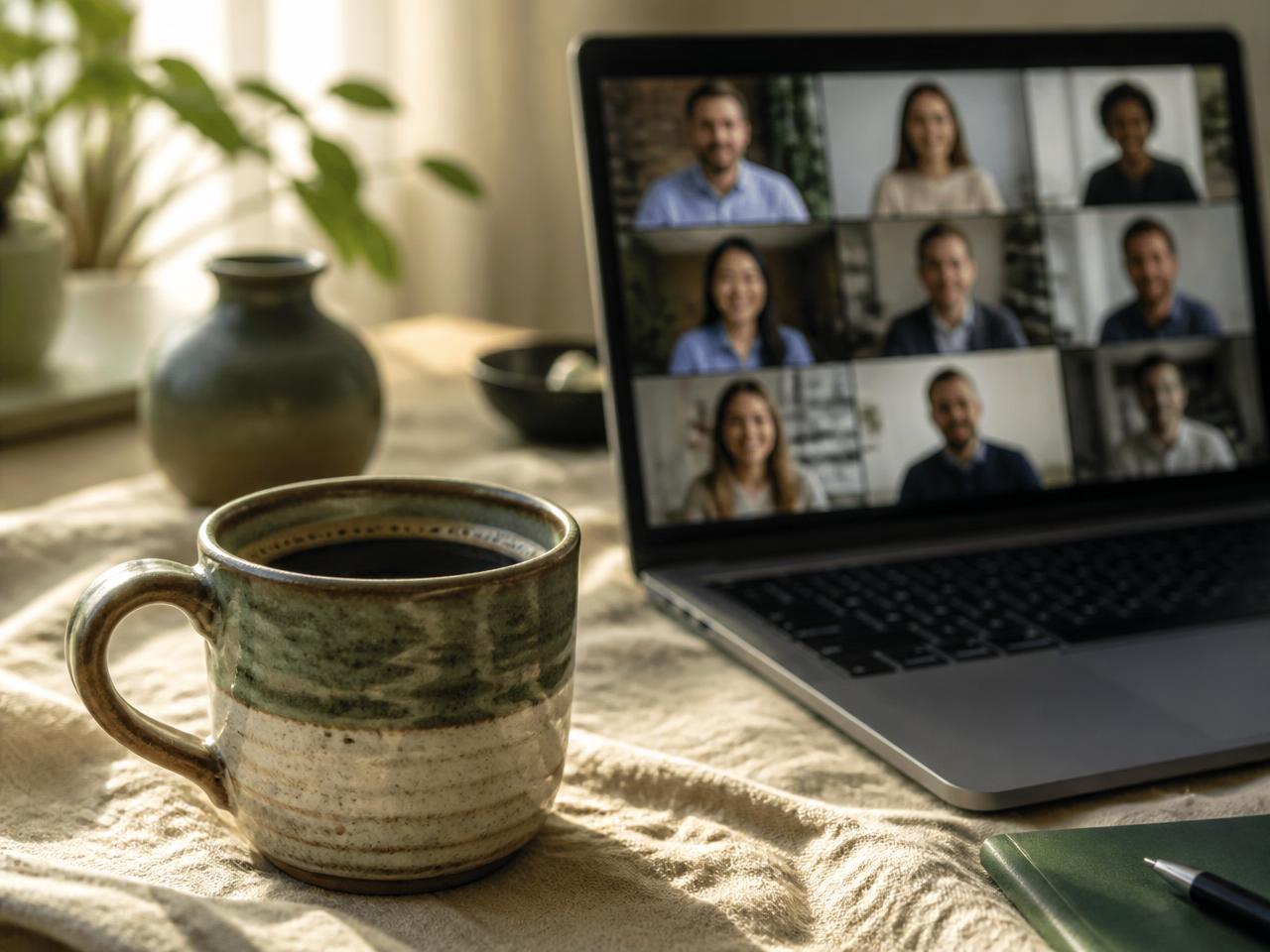 A cup of coffee beside a laptop showing a friendly virtual gathering